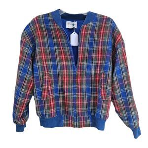 80s indie cottagecore blue red plaid bomber wool blend jacket